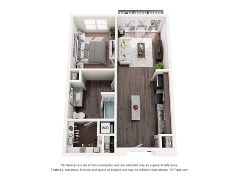 A 3D floor plan of a small apartment with a living room, kitchen, and bathroom.